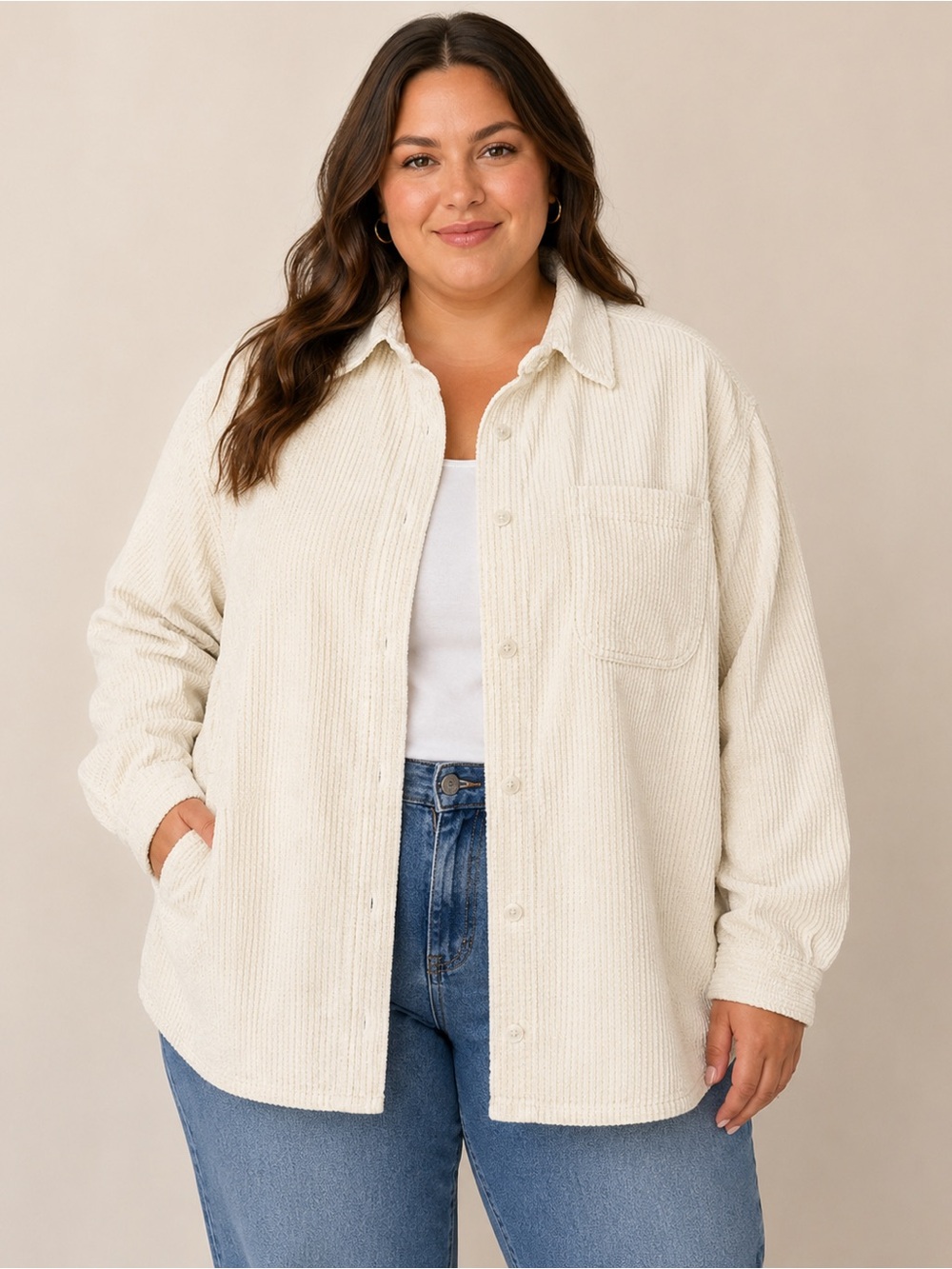 L.L. Bean corduroy shirt woman’s 3X cream button down oversized shacket neutral